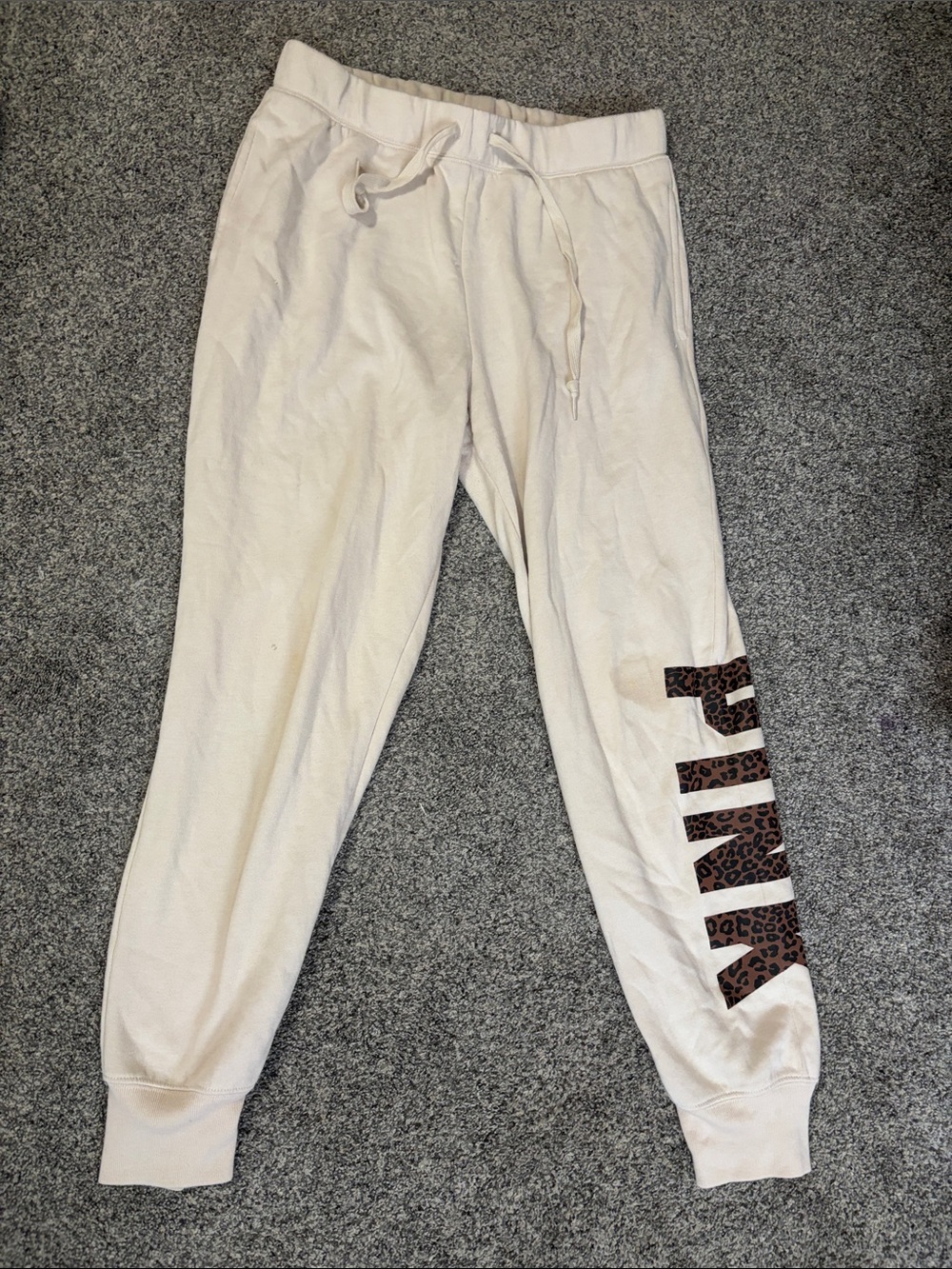PINK Cream Drawstring Jogger Pants with Leopard Logo